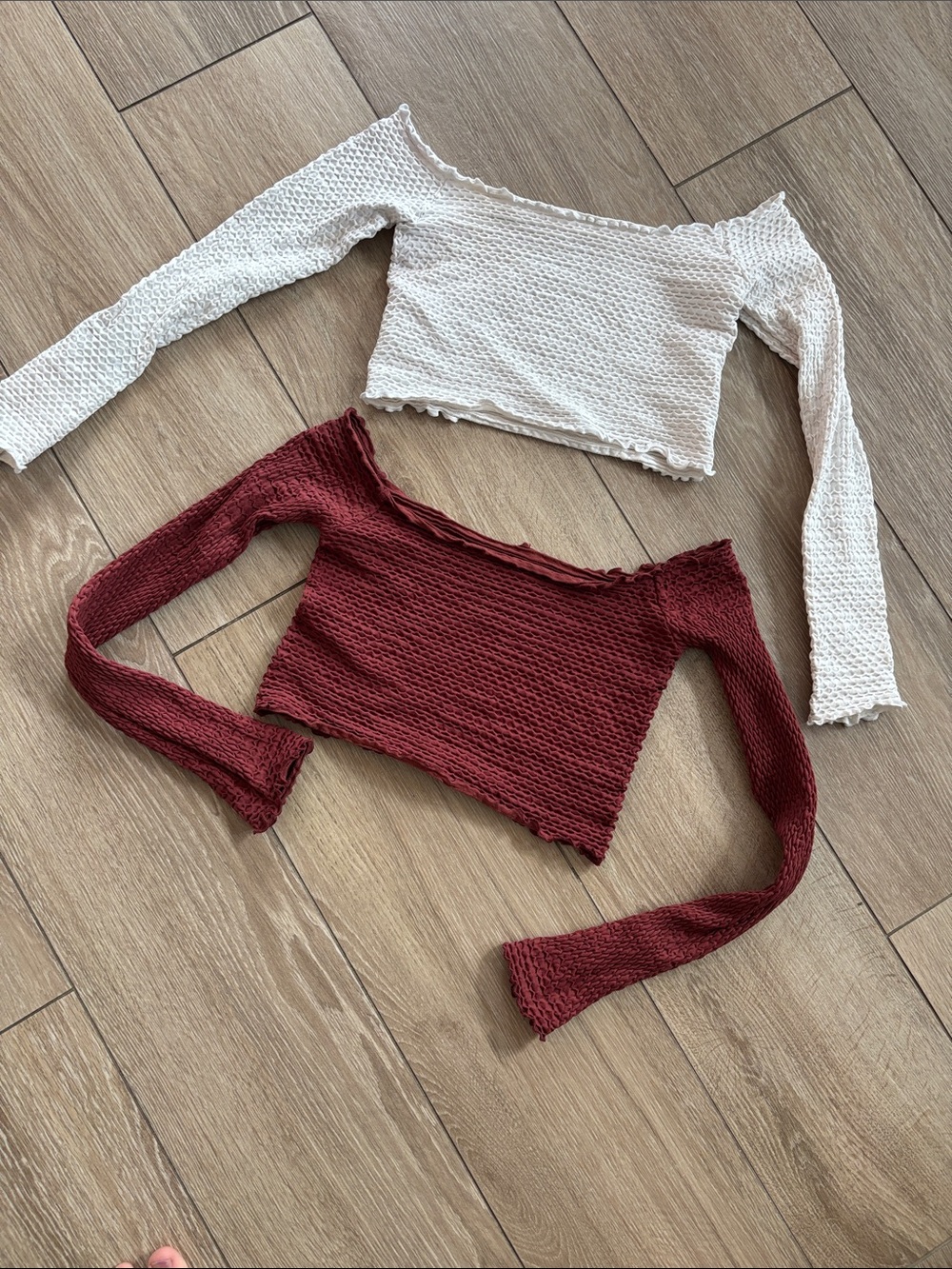 Free People Off-Shoulder Ribbed Crop Tops in Cream & Burgundy